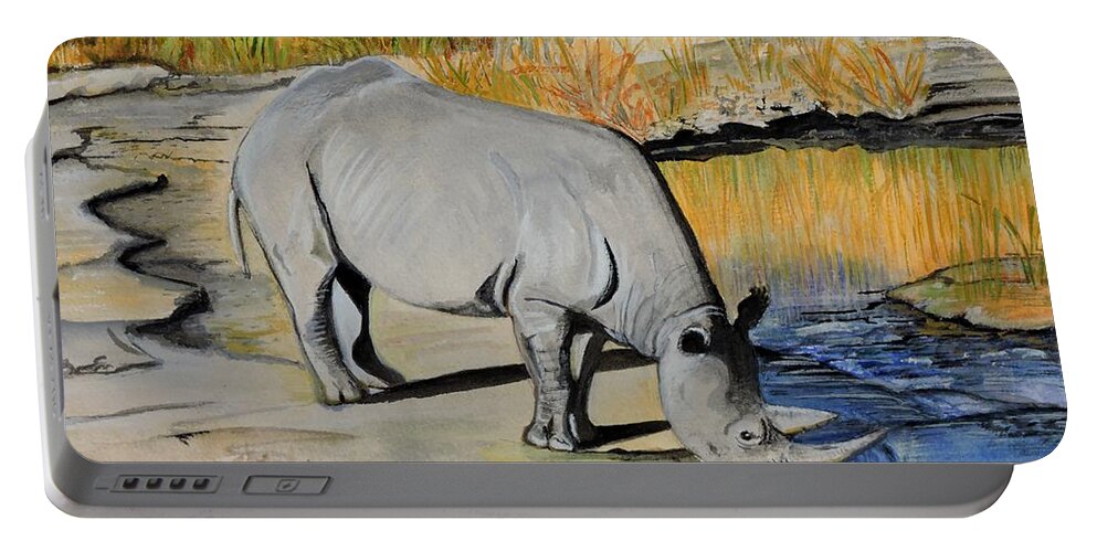 Rhino Portable Battery Charger featuring the painting Thirsty Rhino by Caroline Street