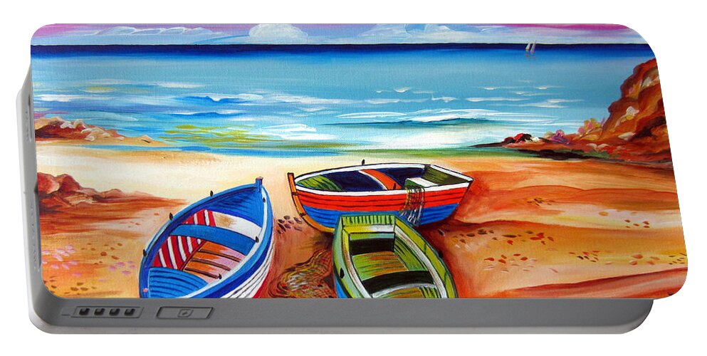 Boats Portable Battery Charger featuring the painting Three boats and a seagull by Roberto Gagliardi