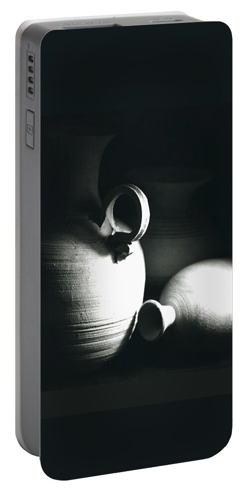 Black And White. Grey Tones Portable Battery Charger featuring the photograph Three Clay Jars 3 by Carol Neal-Chicago