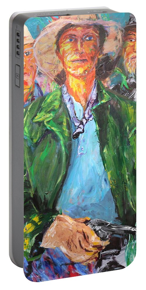Portraits Portable Battery Charger featuring the painting Three Cowboys and a gun by Madeleine Shulman
