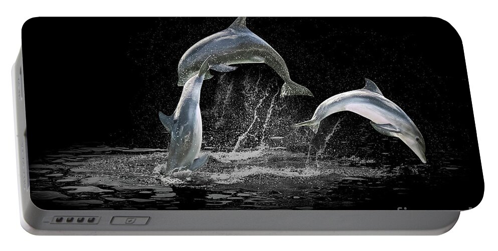 Dolphin Portable Battery Charger featuring the digital art Three Dolphin jumping by Benny Marty