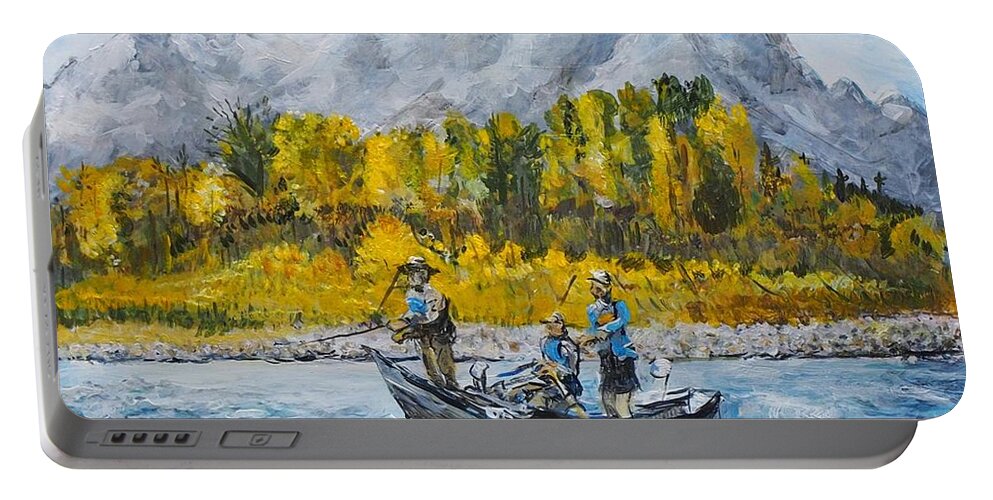 Three Fishing In A Boat Portable Battery Charger featuring the painting Three fishing in a boat. by Joseph Mora