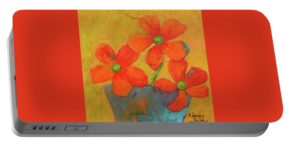 Flowers Portable Battery Charger featuring the painting Three Flowers by Nancy Jolley