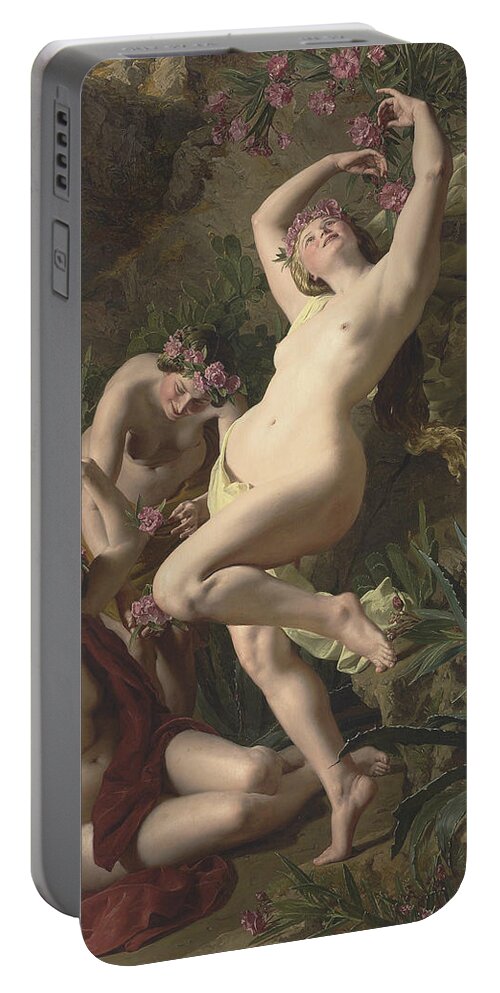 19th Century Art Portable Battery Charger featuring the painting Three Graces Garlanded with Roses by Ferdinand Georg Waldmuller