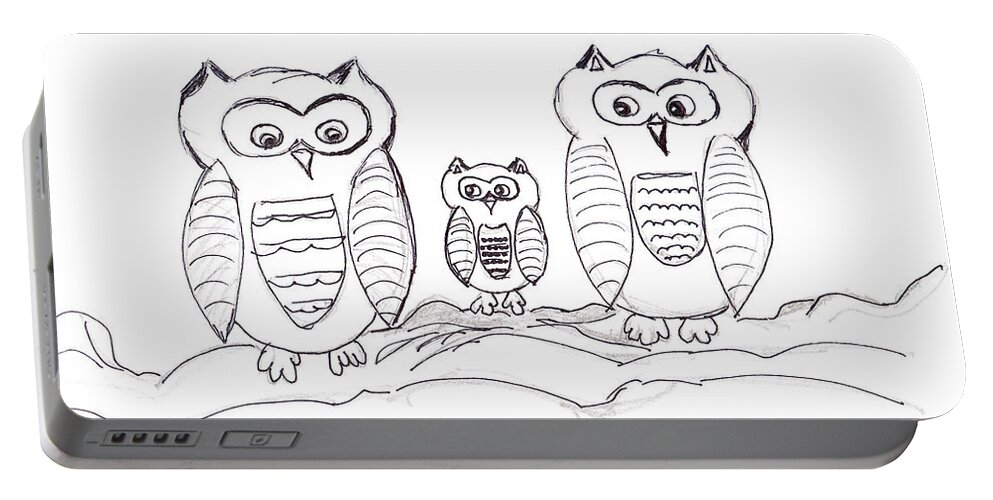 Owls Portable Battery Charger featuring the drawing Three Little Owls by Ramona Matei