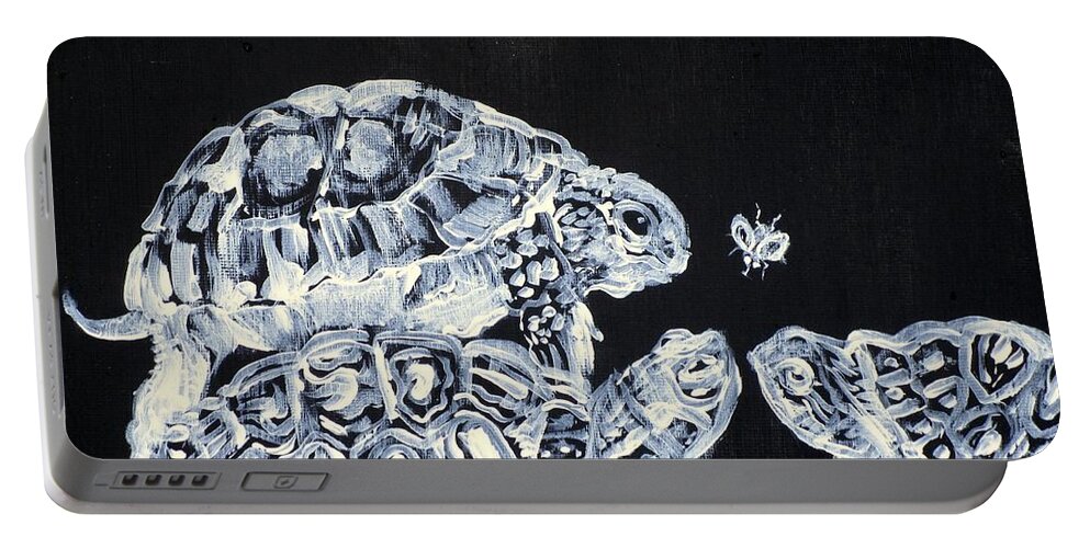 Turtle Portable Battery Charger featuring the painting Three Terrapins And One Fly by Fabrizio Cassetta