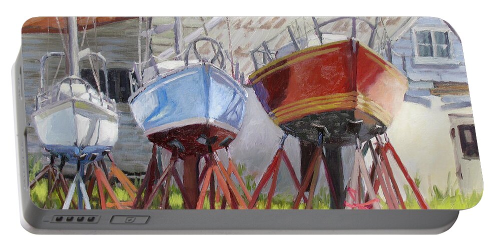 Sail Boats Portable Battery Charger featuring the painting Three Up by L Diane Johnson