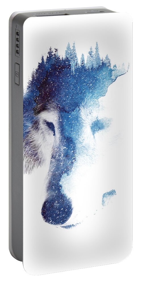 Wolf Portable Battery Charger featuring the mixed media Through many storms by Robert Farkas
