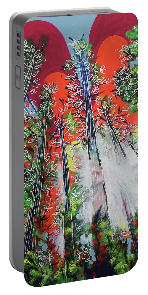 Tree Tops Portable Battery Charger featuring the painting Through the Trees by Laura Hol Art