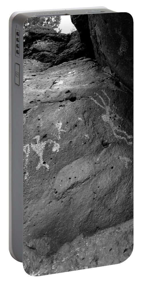 Petroglyphs Portable Battery Charger featuring the photograph Thunderbird Kokopelli b/w by Glory Ann Penington