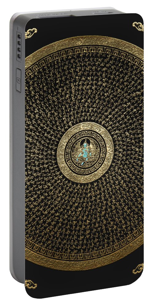 'treasures Of Tibet' Collection By Serge Averbukht Portable Battery Charger featuring the digital art Tibetan Thangka - Green Tara Goddess Mandala with Mantra in Gold on Black by Serge Averbukh