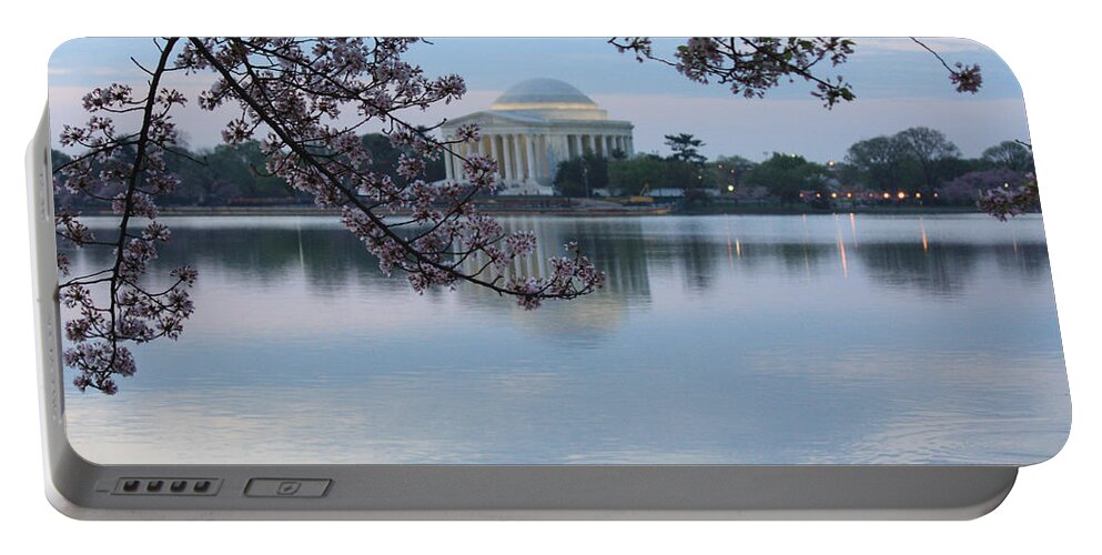 Tidal Portable Battery Charger featuring the photograph Tidal Basin Blossoms - Jefferson Memorial by Ronald Reid