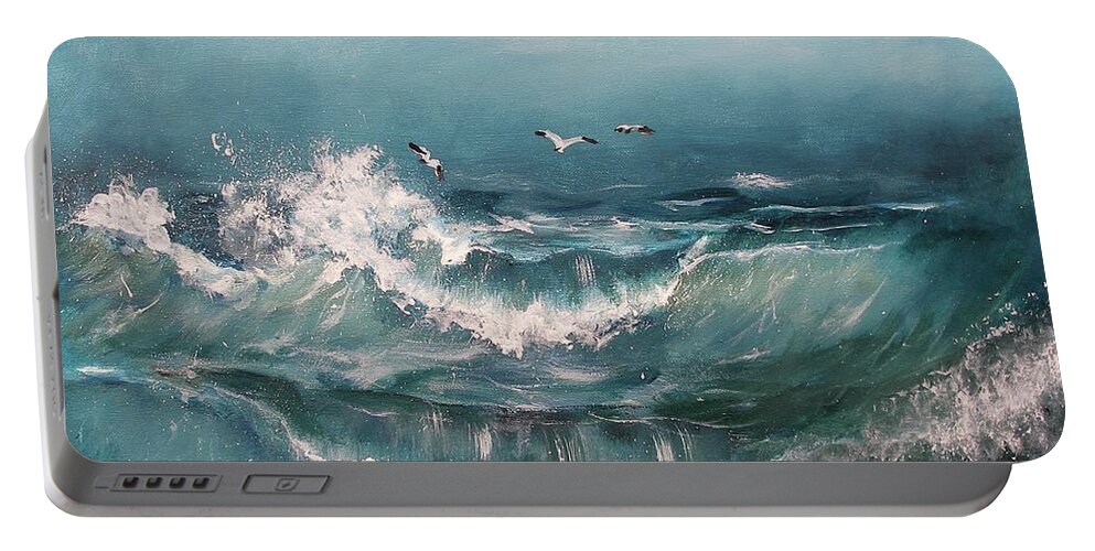 Ocean Element Tide Wave Sea Seagull Sky Clouds Seascape Blue Water Danger Acrylic On Canvas Print Portable Battery Charger featuring the painting Tide by Miroslaw Chelchowski