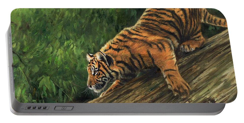 Tiger Portable Battery Charger featuring the painting Tiger Descending Tree by David Stribbling