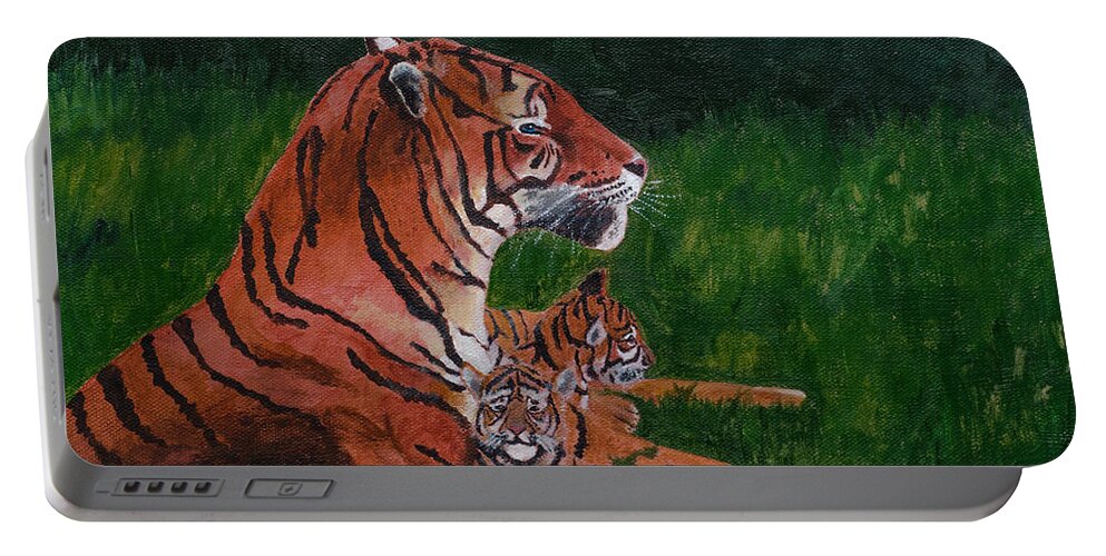 Tiger Portable Battery Charger featuring the painting Tiger Family by Laurel Best