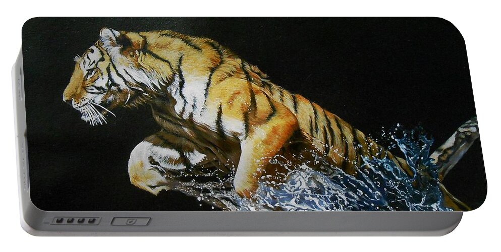 Tiger Portable Battery Charger featuring the painting Tiger jumping in water 2 by Susana Falconi
