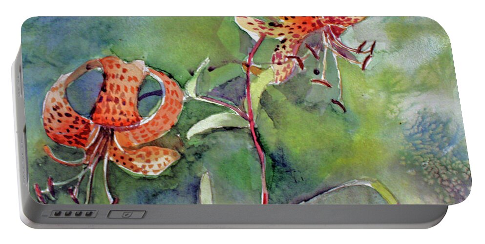 Tiger Lilies Portable Battery Charger featuring the painting Tiger Lilies by Mindy Newman