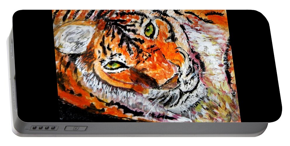 Tiger Portable Battery Charger featuring the painting Look into My Eyes by Anne Sands