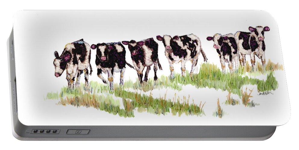 Woolyfrogarts Portable Battery Charger featuring the mixed media Till the Cows... by Jan Killian
