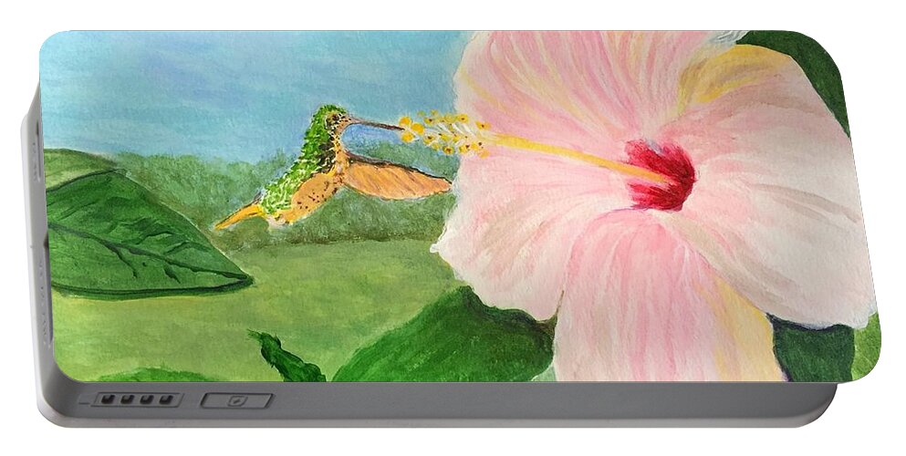 Pink Hibiscus Portable Battery Charger featuring the painting Time for Lunch by Anne Sands