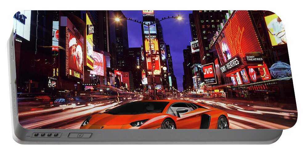 Lamborghini Aventador Portable Battery Charger featuring the digital art Times Square Aventador by Airpower Art
