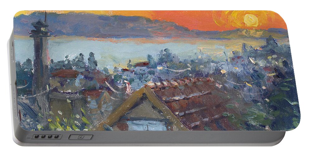 Sunrise Portable Battery Charger featuring the painting Today Sunrise over Dilesi Greece by Ylli Haruni