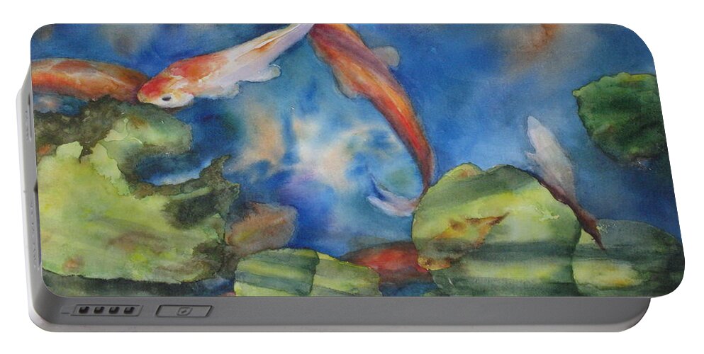 Koi Portable Battery Charger featuring the painting Tom's Pond by Mary McCullah