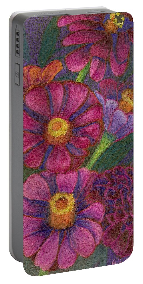 Flowers Portable Battery Charger featuring the drawing Top Hat Zinnias by Anne Katzeff