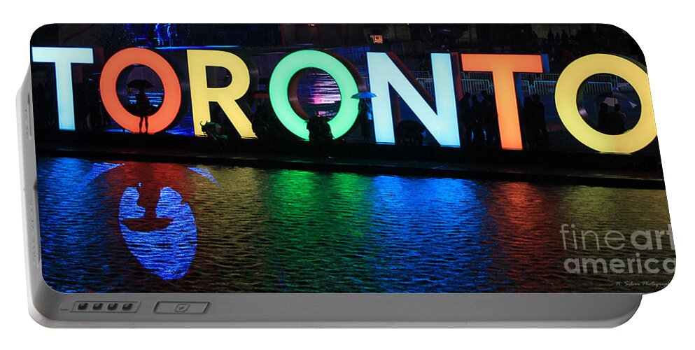 Toronto Portable Battery Charger featuring the photograph Toronto Sign with Umbrella Silhouette by Nina Silver