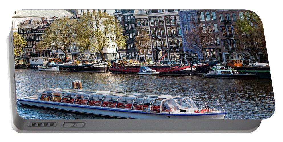 Jenny Rainbow Fine Art Photography Portable Battery Charger featuring the photograph Touristic Boat at Amsterdam Canal by Jenny Rainbow