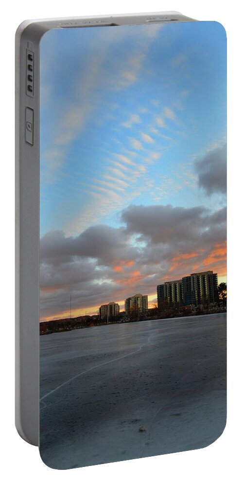 Abstract Portable Battery Charger featuring the digital art Towers And Sunset Sky by Lyle Crump