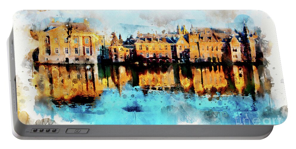 Hague Portable Battery Charger featuring the digital art Town Life In Watercolor Style by Ariadna De Raadt