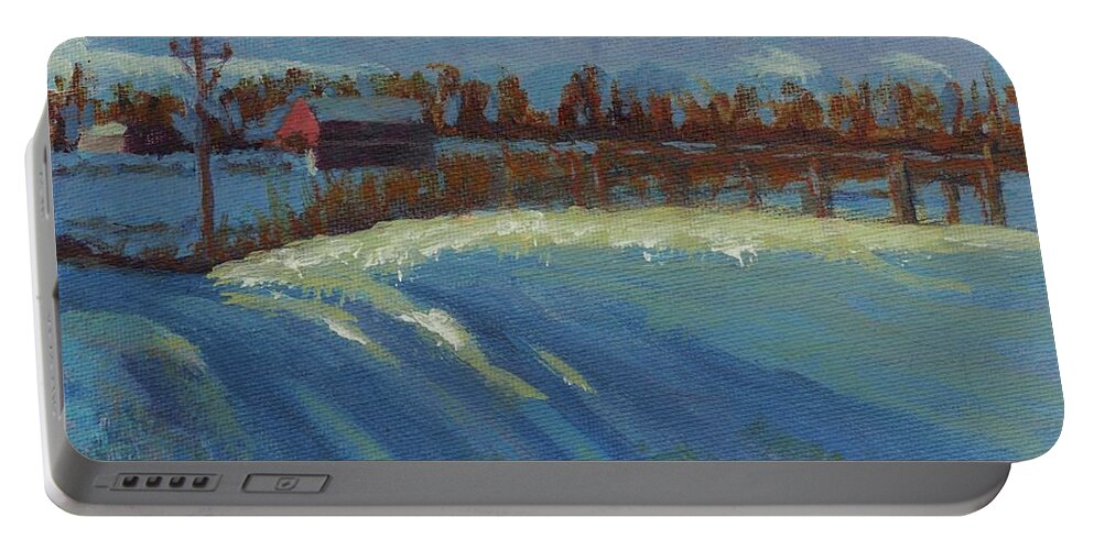 Snow Portable Battery Charger featuring the painting Tracks in the Snow by Laura Toth