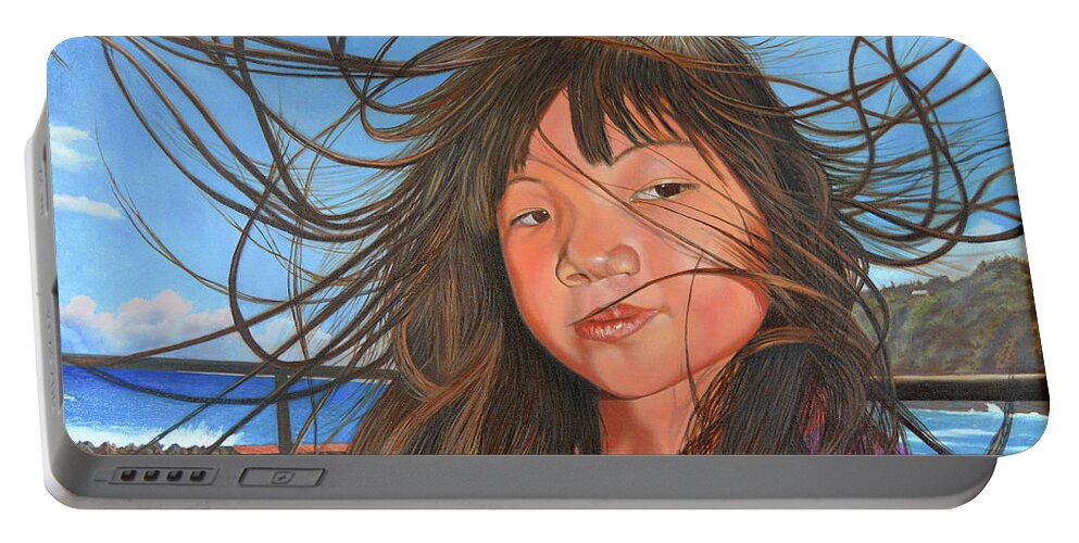 Wind Blown Hair Portable Battery Charger featuring the painting Trade wind day by Thu Nguyen