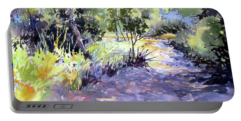 Landscape Portable Battery Charger featuring the painting Trail Shadows by Rae Andrews