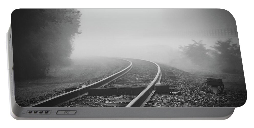 Train tracks on foggy morning-Black and White Portable Battery Charger by  Maxwell Dziku - Pixels