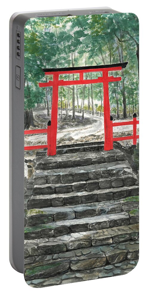 Landscape Portable Battery Charger featuring the painting Tranquility Torii Gate by Terri Harris