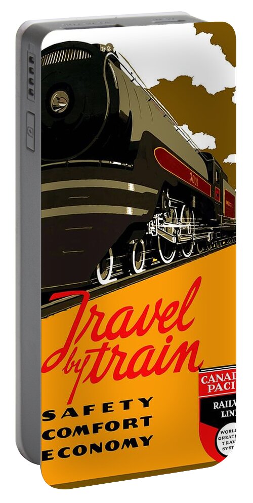 Canadian Pacific Portable Battery Charger featuring the mixed media Travel By Train - Safety, Comfort, Economy - Canadian Pacific Railway Lines - Retro travel Poster by Studio Grafiikka