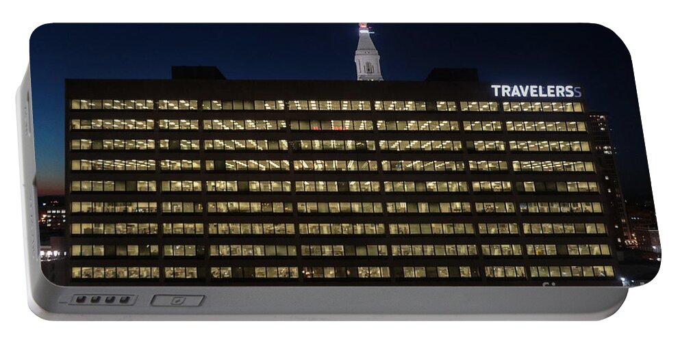 Architecture Portable Battery Charger featuring the photograph Travelers Insurance Company at Night by Thomas Marchessault