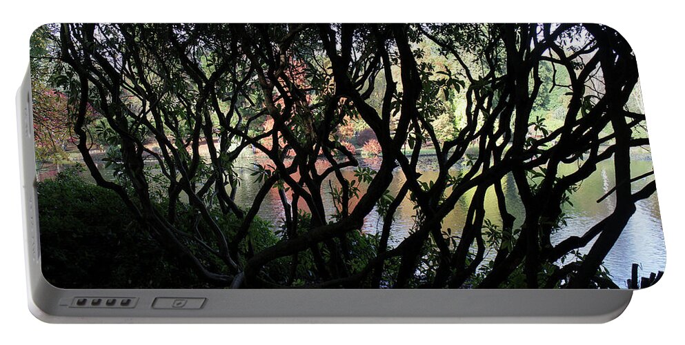 Tree Portable Battery Charger featuring the photograph Tree silhouettes by lakeside by Peter Lloyd
