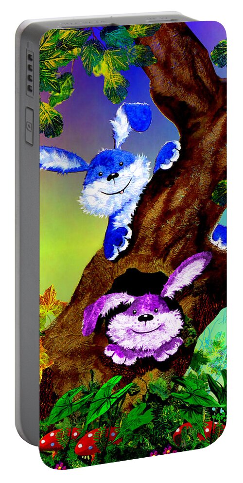 Treehouse Bunny Portable Battery Charger featuring the painting Treehouse Bunnies by Hanne Lore Koehler