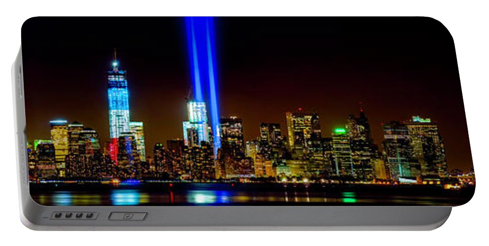 9-11 Portable Battery Charger featuring the photograph Tribute in Light from Bayonne by Nick Zelinsky Jr
