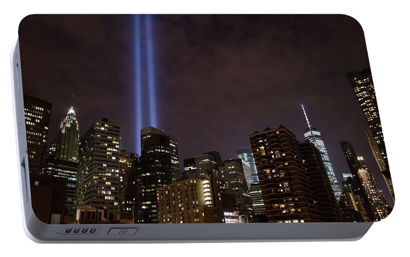 15th Anniversary Portable Battery Charger featuring the photograph Twin Beam Tribute to the Towers by Jeff at JSJ Photography