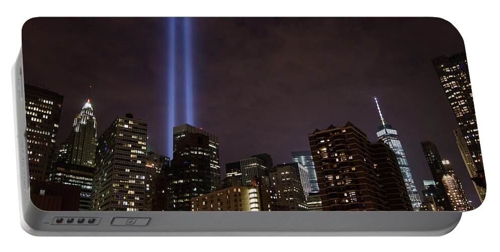 15th Anniversary Portable Battery Charger featuring the photograph Twin Beam Tribute to the Towers by Jeff at JSJ Photography