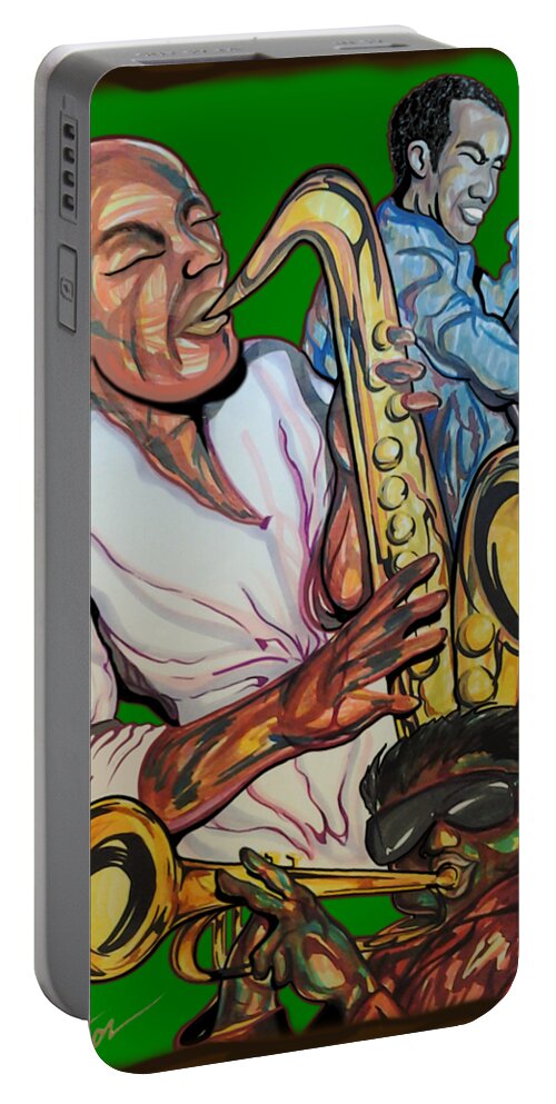 Jazz Musicians Portable Battery Charger featuring the mixed media Trio of Sound by Demitrius Motion Bullock