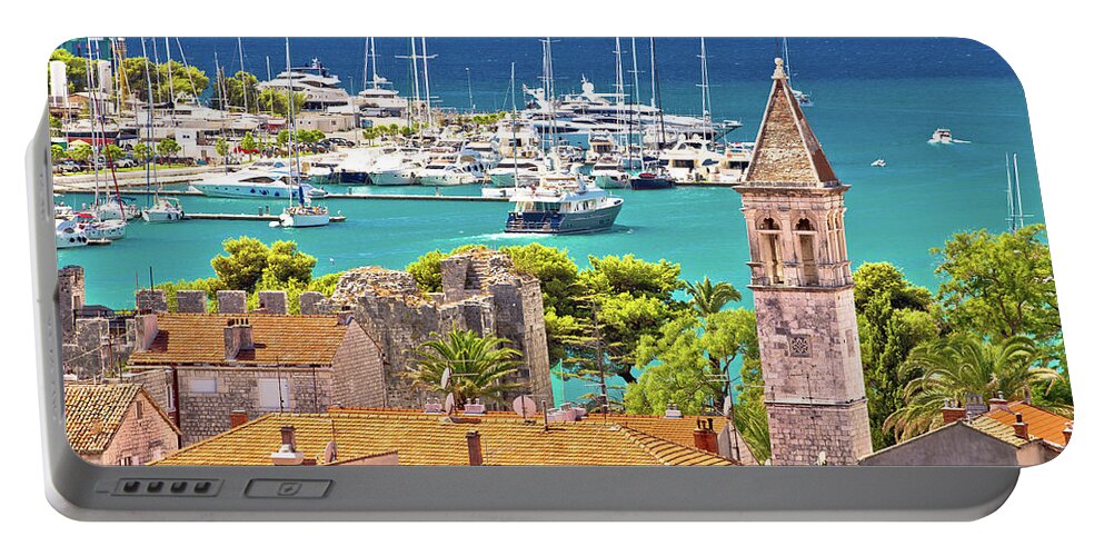 Mountain Portable Battery Charger featuring the photograph Trogir landmarks and turquoise sea view by Brch Photography