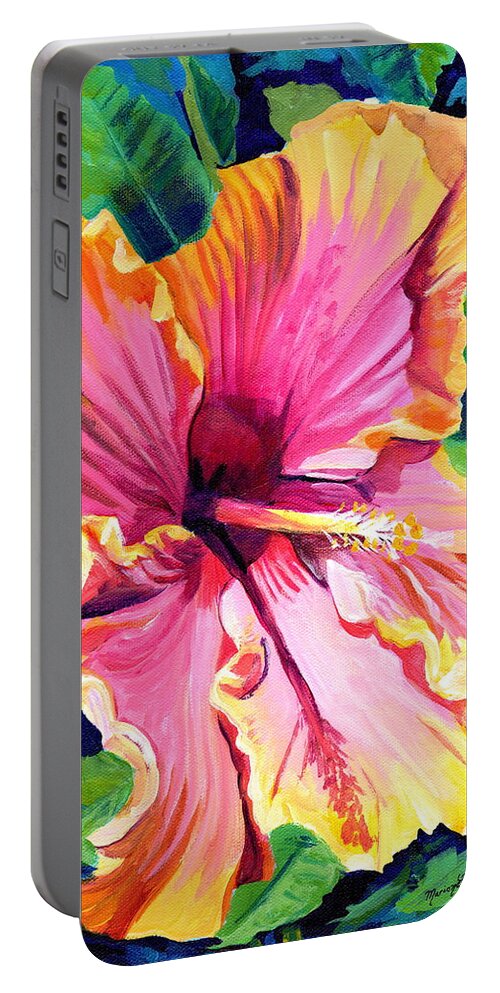 Hibiscus Portable Battery Charger featuring the painting Tropical Bliss Hibiscus by Marionette Taboniar