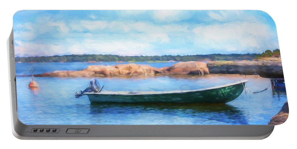 Boats Portable Battery Charger featuring the photograph Tucked in the Harbor Watercolor Painting by Debra and Dave Vanderlaan