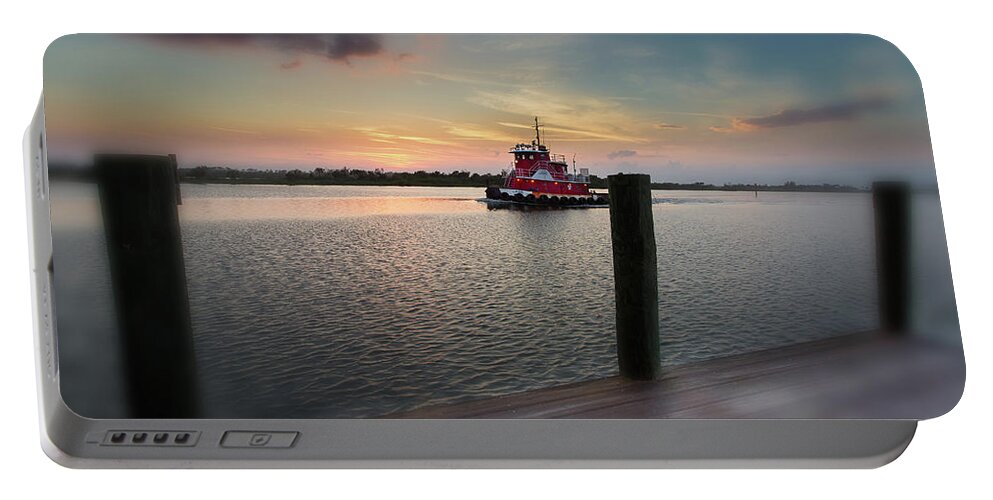 Sunset Portable Battery Charger featuring the photograph Tug Boat Sunset by Dillon Kalkhurst