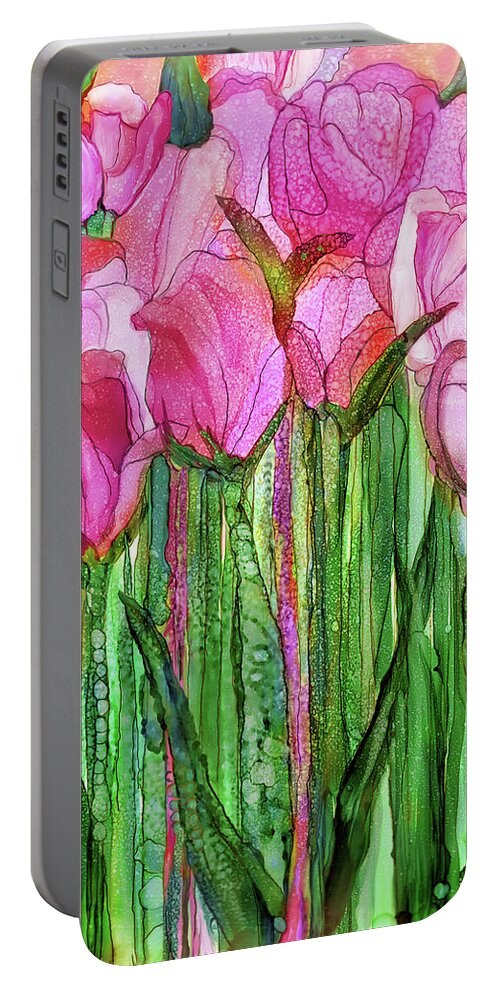 Carol Cavalaris Portable Battery Charger featuring the mixed media Tulip Bloomies 1 - Pink by Carol Cavalaris